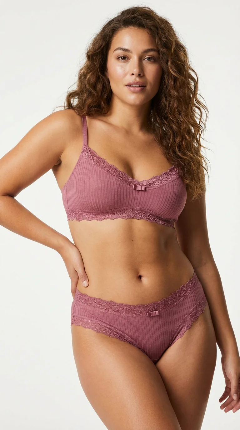 Dusty Rose Fitilli (Ribbed) Bikini Külot - Yan Görünüm